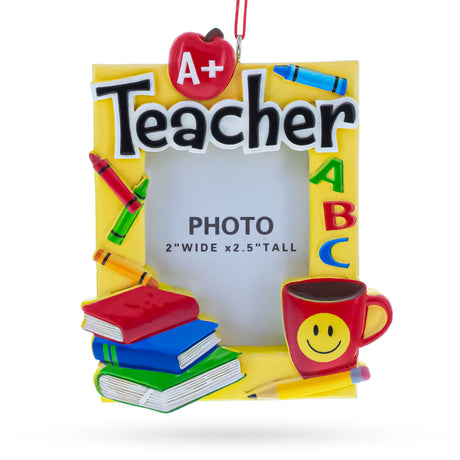 A+ Teacher Photo Frame Resin Christmas Ornament in Yellow color Rectangular