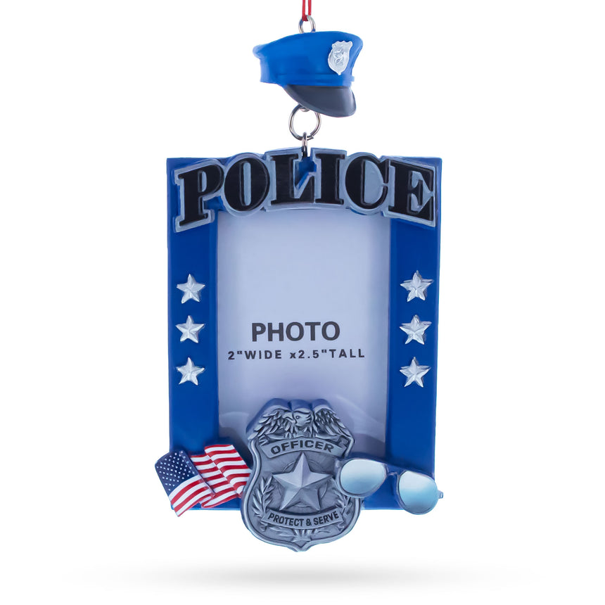Police Officer Photo Frame Resin Christmas Ornament in Blue color Rectangular
