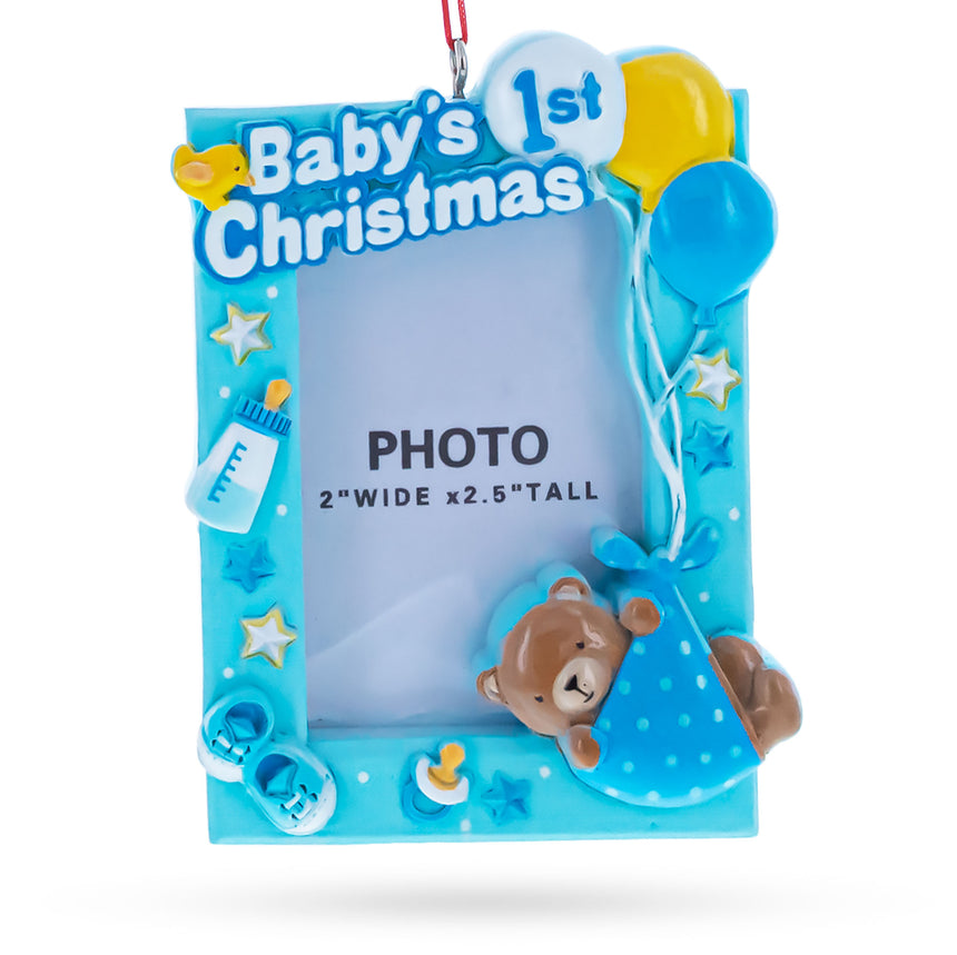 Blue Baby Boy First Christmas Photo Frame Resin Christmas Ornament in Blue color Rectangular