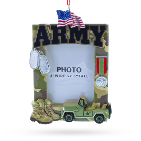 Patriotic Army Camouflage Photo Frame Resin Christmas Ornament in Green color Rectangular