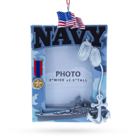 Patriotic Navy Photo Photo Frame Resin Christmas Ornament in Blue color Rectangular
