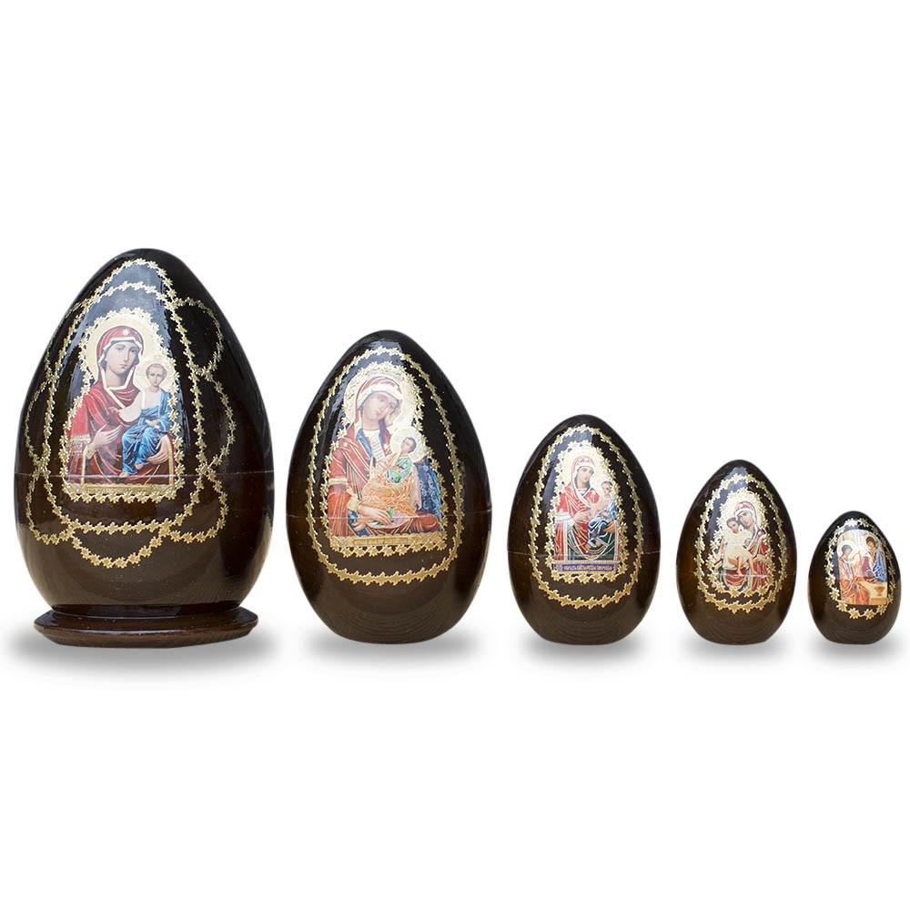 Set of 5 Orthodox Icons Egg Shape Virgin Mary & Saints Wooden Nesting Easter Egg Shape Figurines 6.5 Inches in Multi color Oval