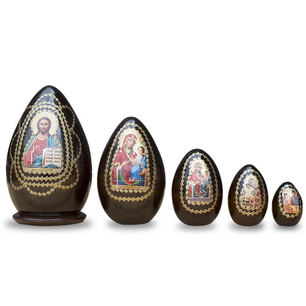 Set of 5 Orthodox Icons Egg Shape Wooden Nesting Dolls 6.5 Inches in Multi color Oval