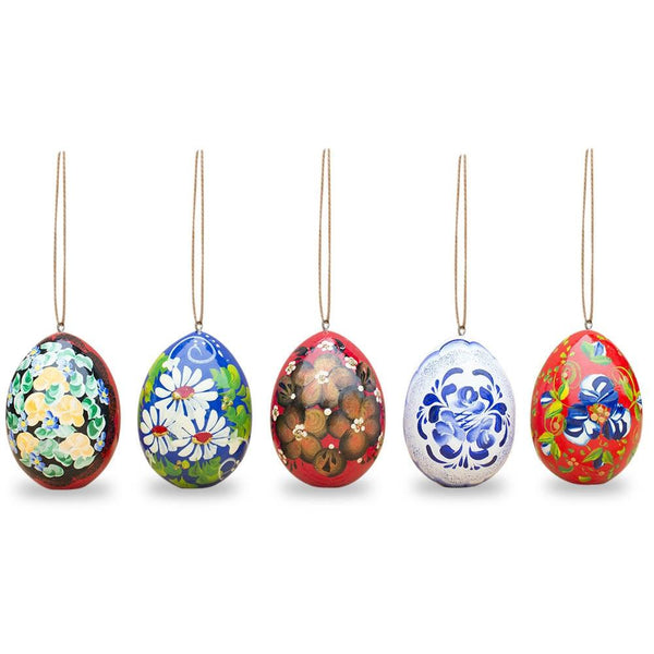 Set of 5 Flowers Wooden Pysanky Easter Egg Ornaments in Multi color, Oval shape