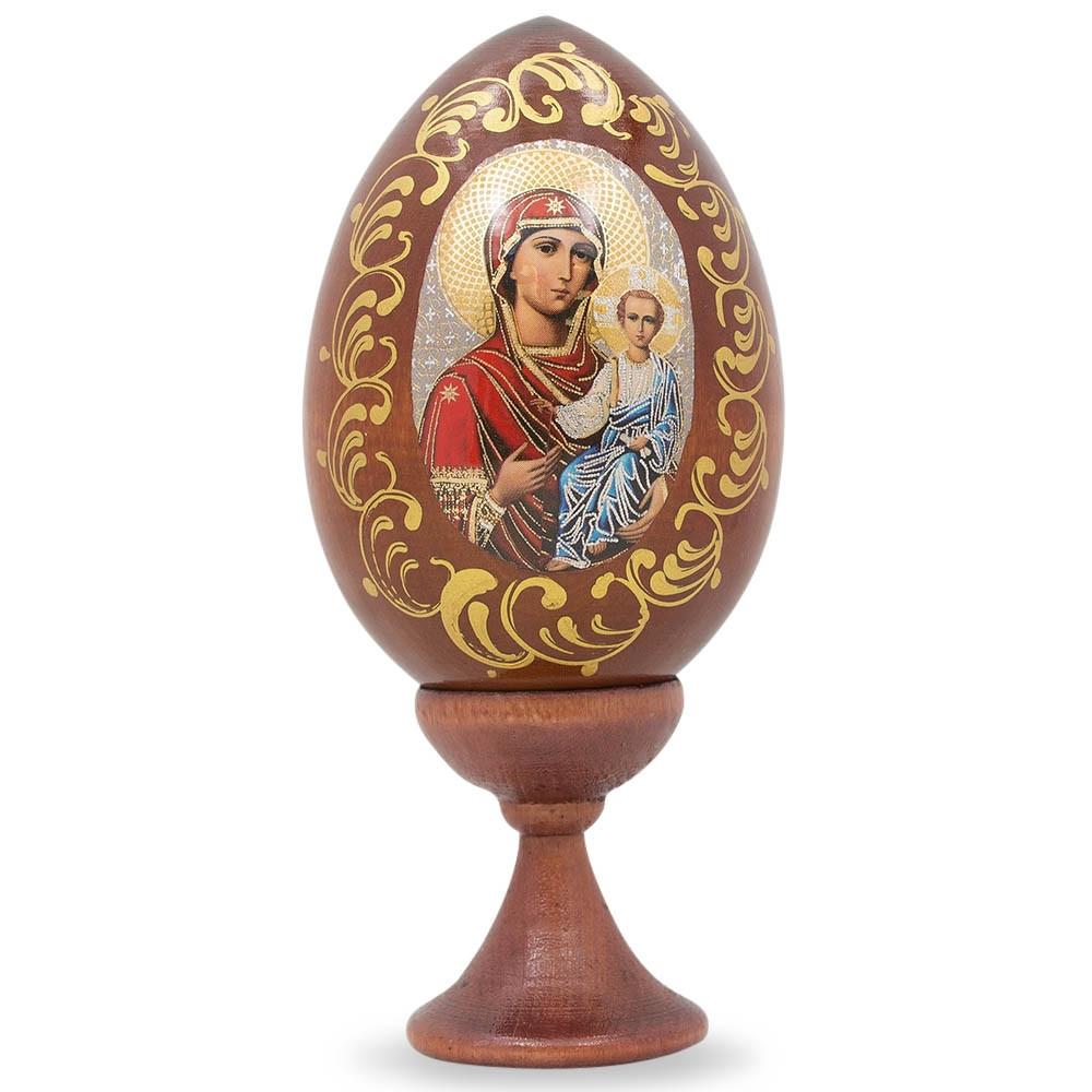 Maria and Jesus Icon Wooden Easter Egg 4 Inches in Brown color, Oval shape