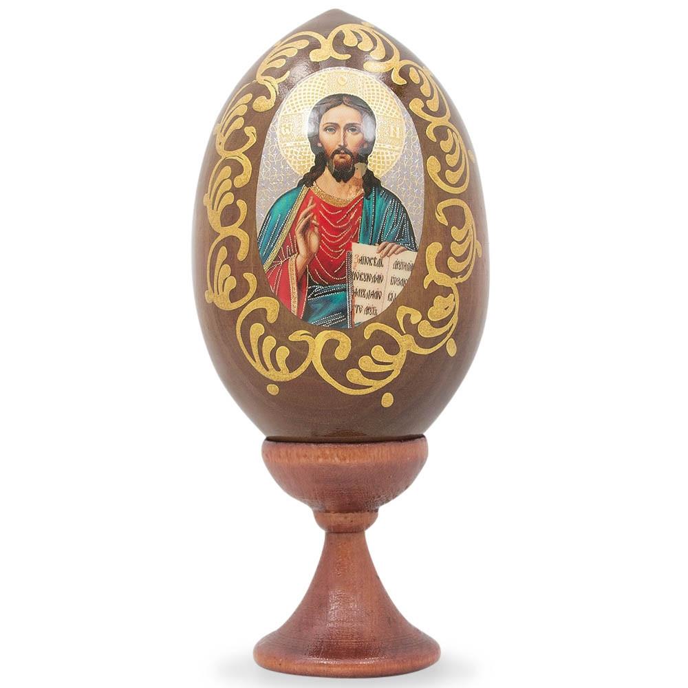 Wood Jesus Christ Icon Wooden Easter Egg 4 Inches in Brown color Oval
