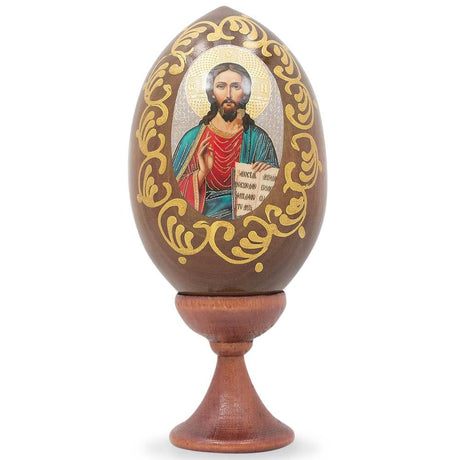 Jesus Christ Icon Wooden Easter Egg 4 Inches in Brown color, Oval shape