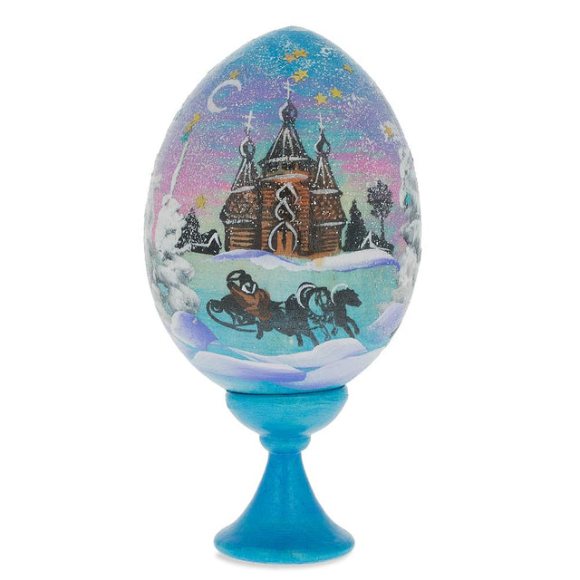 Winter Forest Christmas Snow Wooden Easter Egg 3 Inches in Blue color, Oval shape