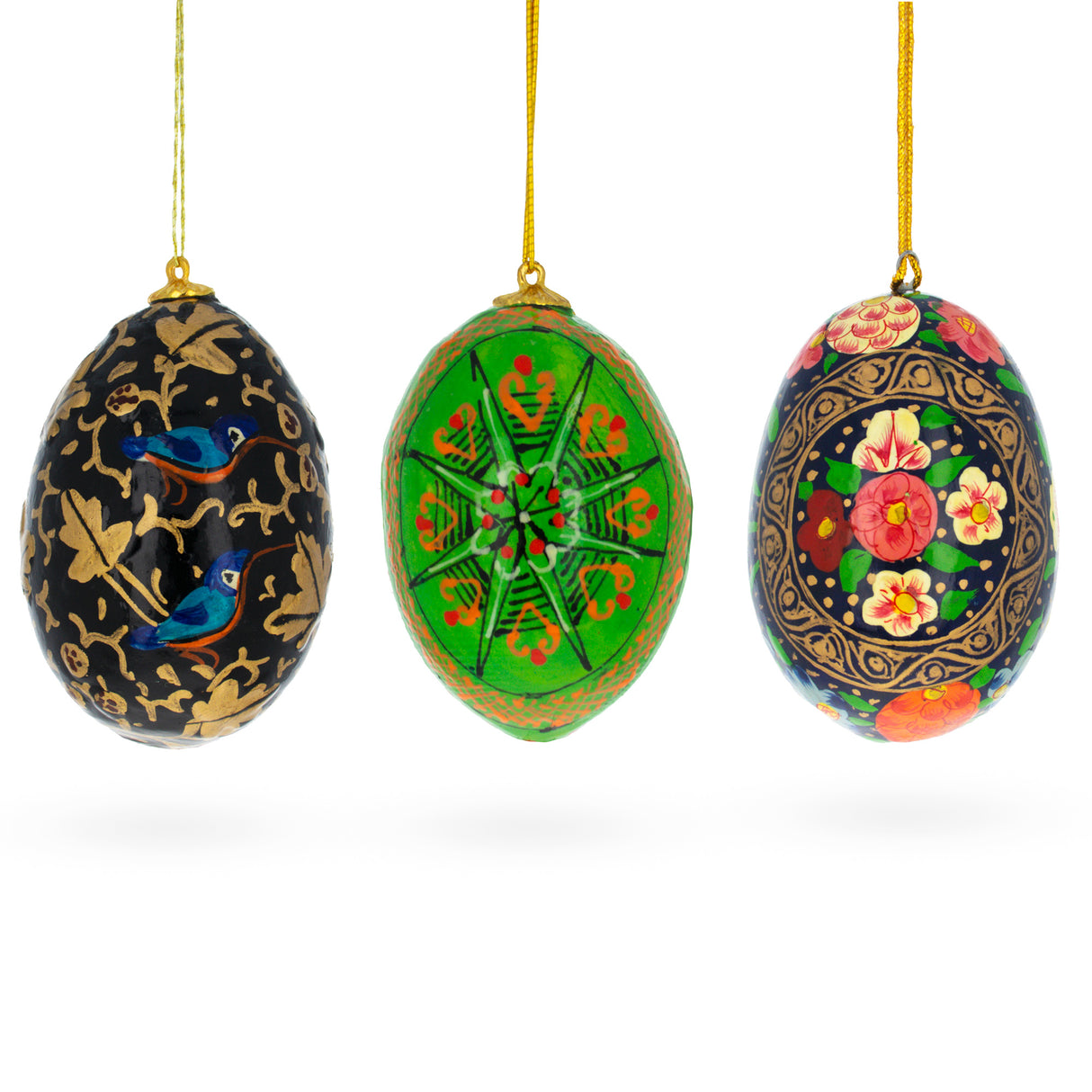 Set of 3 Flowers, Birds and Geometrical Wooden Easter Egg Christmas Ornaments 3 Inches in Multi color, Oval shape