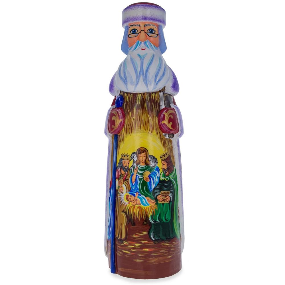Santa over Nativity Scene Ukrainian Hand Carved Solid Wood Figurine 11 Inches in Multi color,  shape