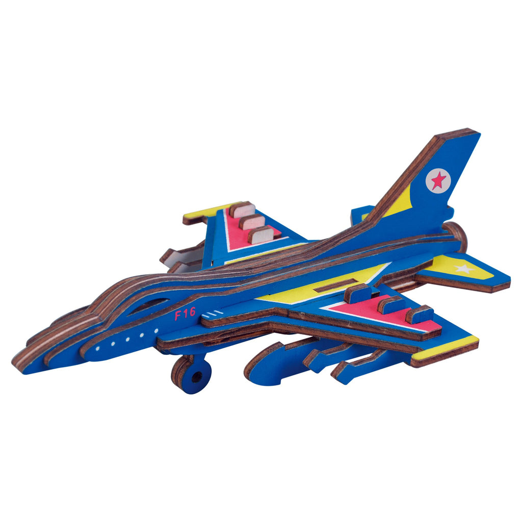 F-16 Fighter Plane Model Kit - Wooden Laser-Cut 3D Puzzle (23 Pcs) in Blue color,  shape