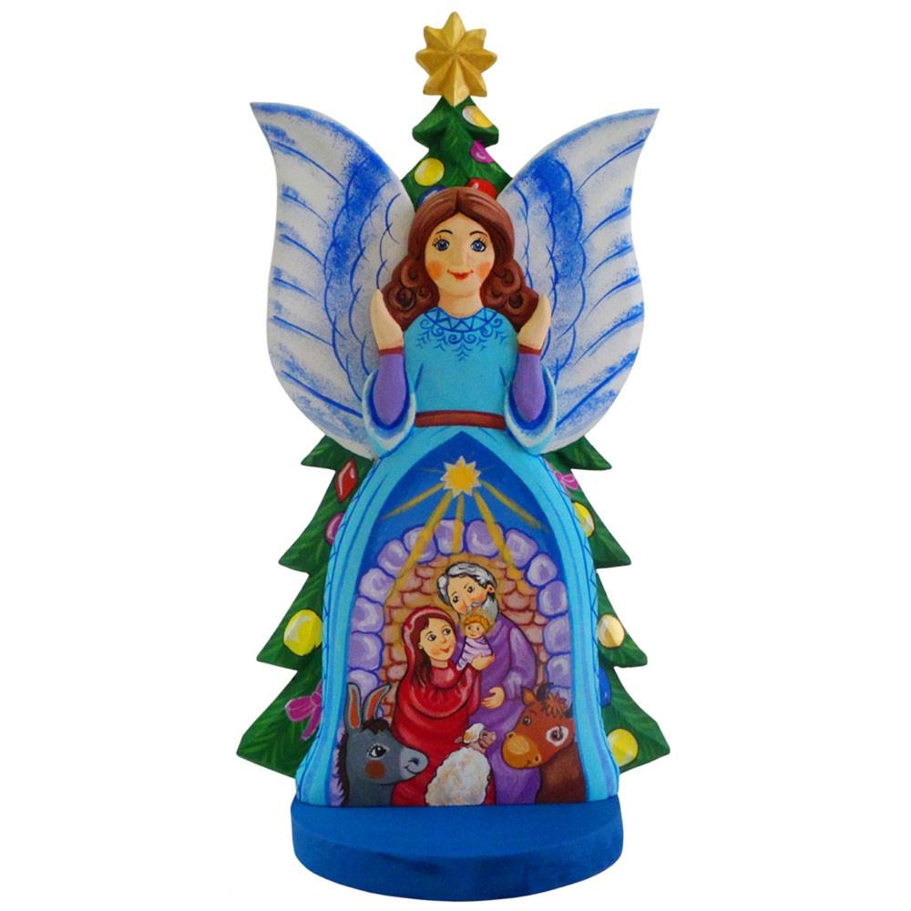 Guardian Angel Nativity Scene Ukrainian Carved Solid Wood Figurine 12 Inches in Multi color,  shape