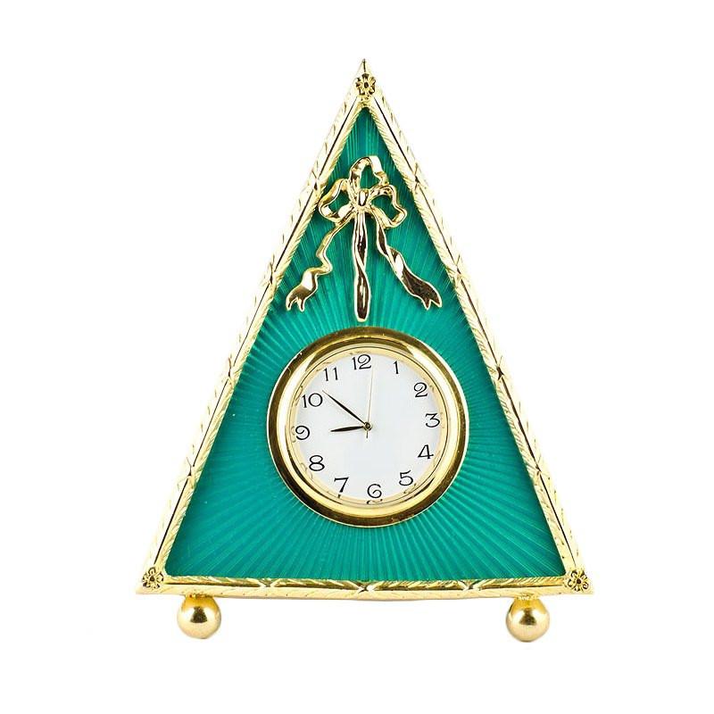 Pewter Regal Timekeeper: 5-Inch Green Enameled Guilloche Royal Clock Frame in Green color Triangle