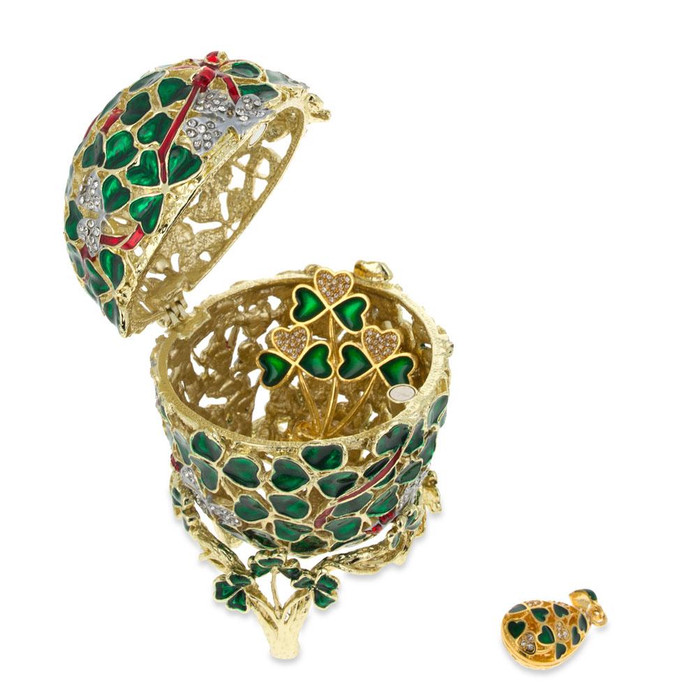 Shop 1902 Clover Leaf Royal Easter Egg With Brooch And Pendant. Buy Royal Royal Eggs Imperial Multi Oval  for Sale by Online Gift Shop BestPysanky Faberge replicas Imperial royal collectible Easter egg decorative Russian inspired style jewelry trinket box bejeweled jeweled enameled decoration figurine collection house music box crystal value for sale real
