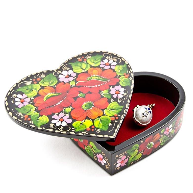 Poppy Flowers Hi-Gloss Wooden Jewelry Box in Red color, Heart shape