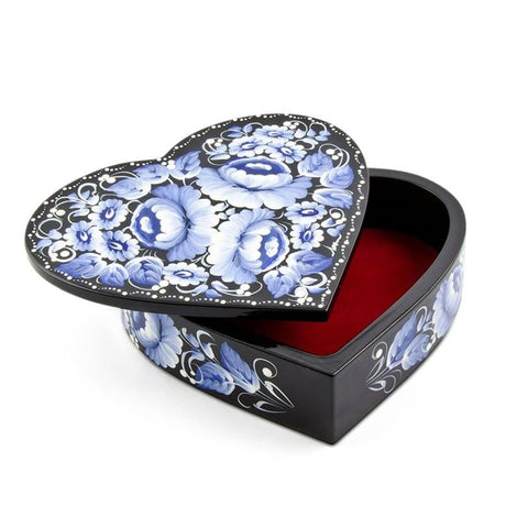Wood Blue Flowers Heart Shaped Wooden Jewelry Box in Blue color Heart