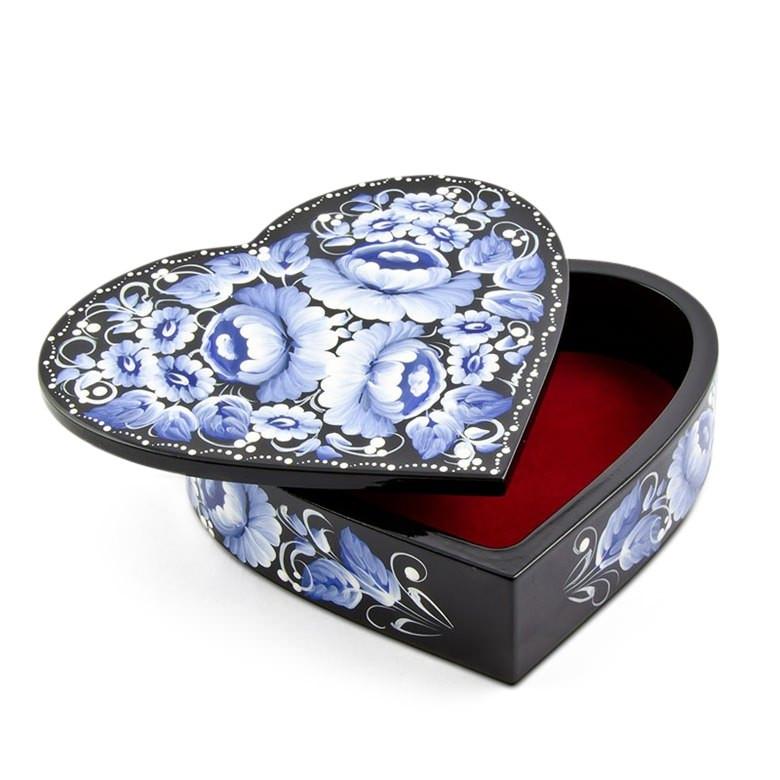 Blue Flowers Heart Shaped Wooden Jewelry Box in Blue color, Heart shape
