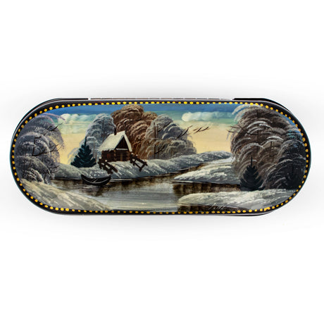 Wood Winter Village Painting Glasses Case Holder in Multi color