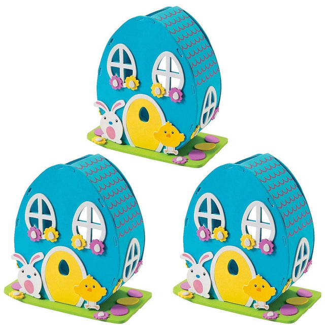 Set of 3 DIY Foam Easter House Kit – Craft Activity with Bunny and Chick Decorations for Kids in Blue color Oval