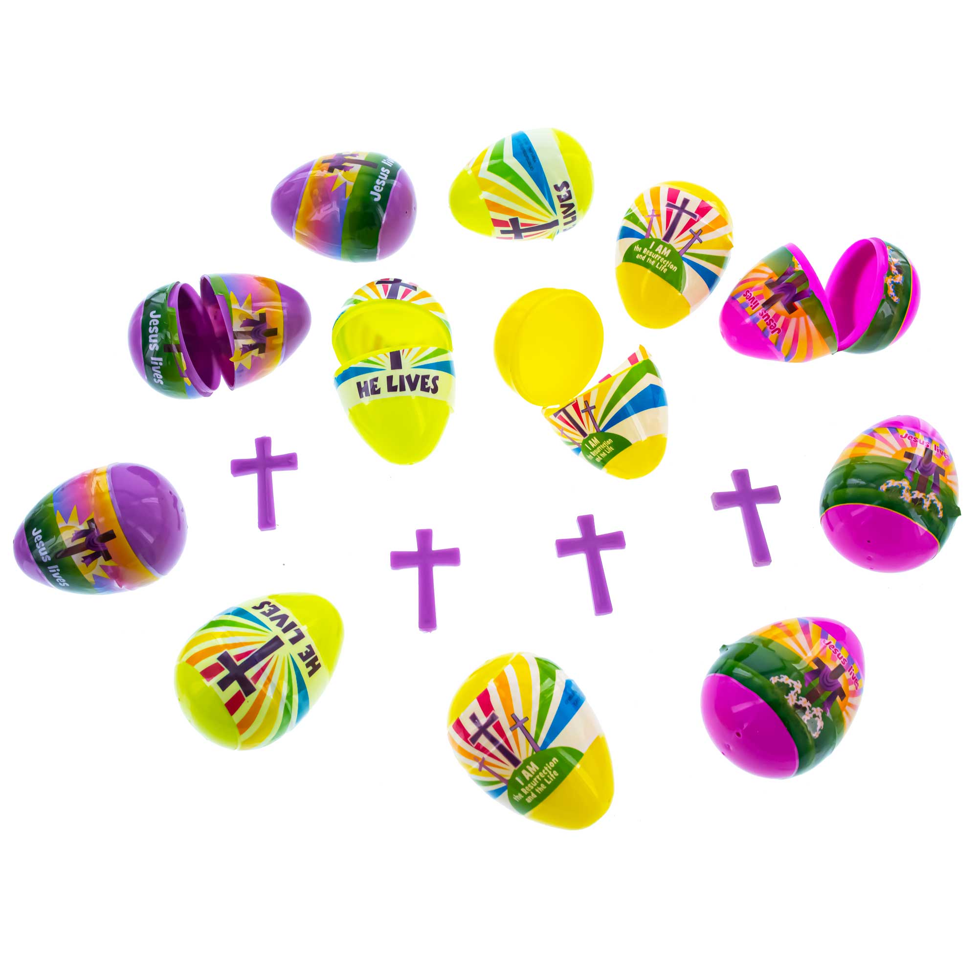 Set of 12 Religious Plastic Easter Eggs with Cross Inside in Multi color Oval