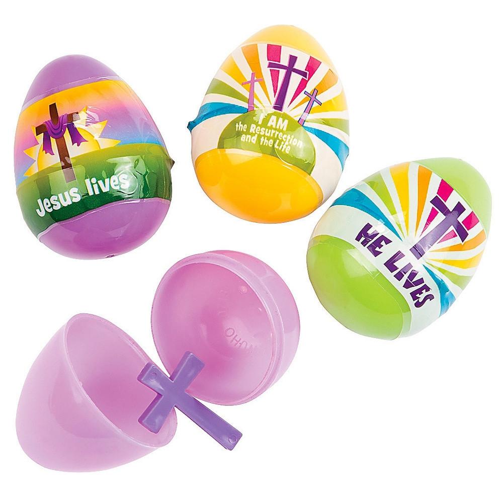 Set of 12 Religious Plastic Easter Eggs with Cross Inside in Multi color, Oval shape