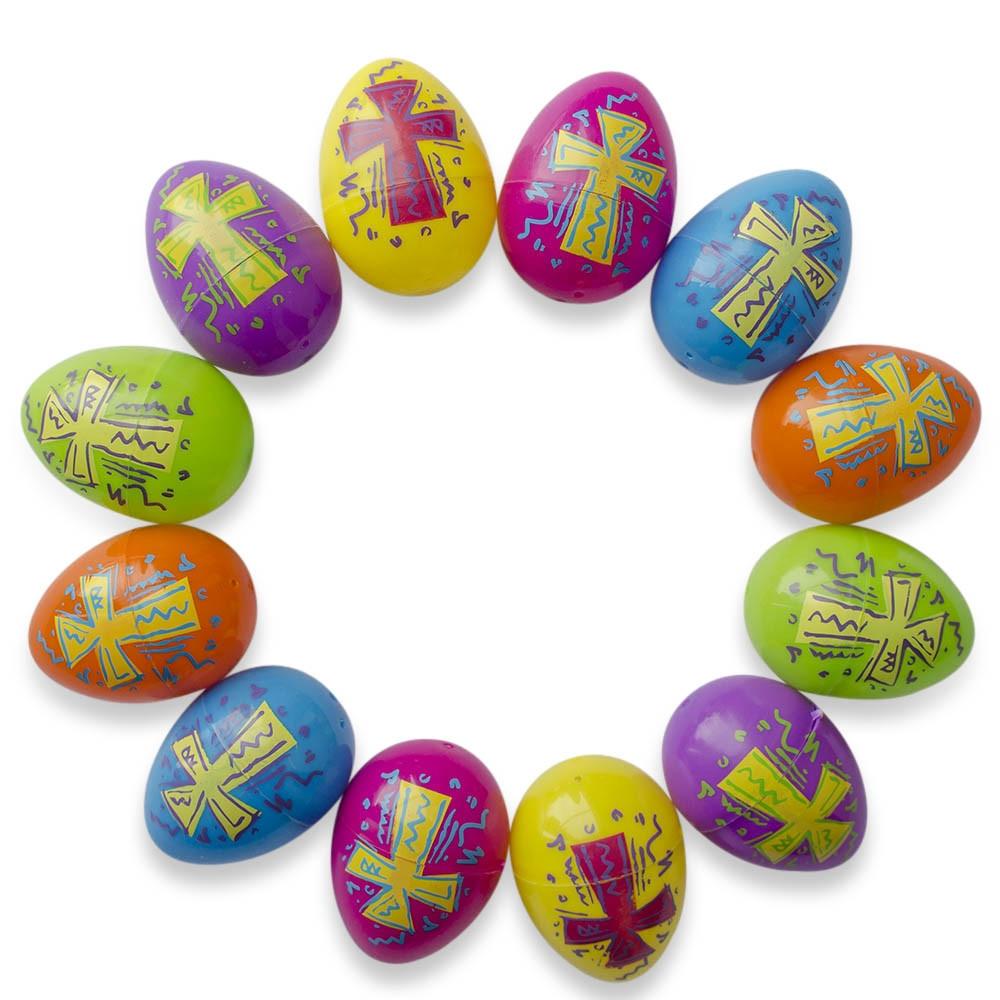 Set of 12 Bright Crosses Plastic Easter Eggs 2.25 Inches in Multi color, Oval shape