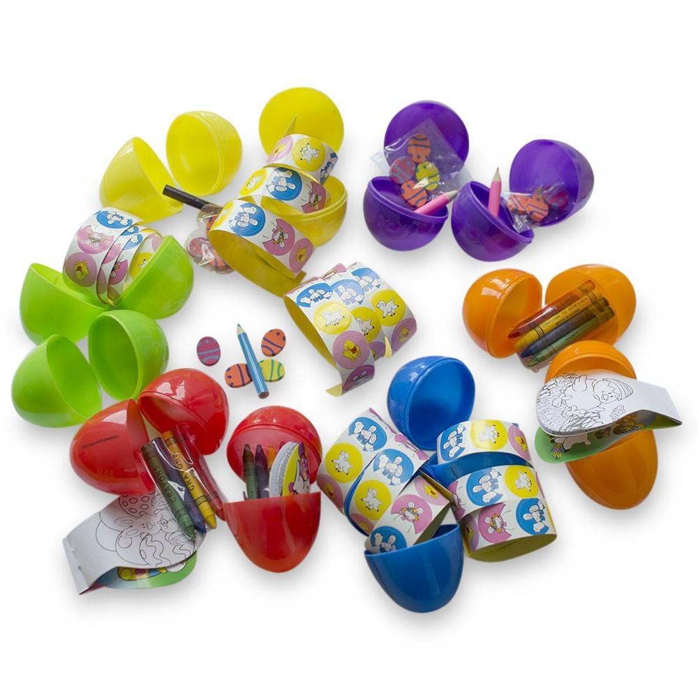 Set of 24 Large 3 Inches Plastic Eggs w/ Pencils, Stickers, and Crayons in Multi color, Oval shape