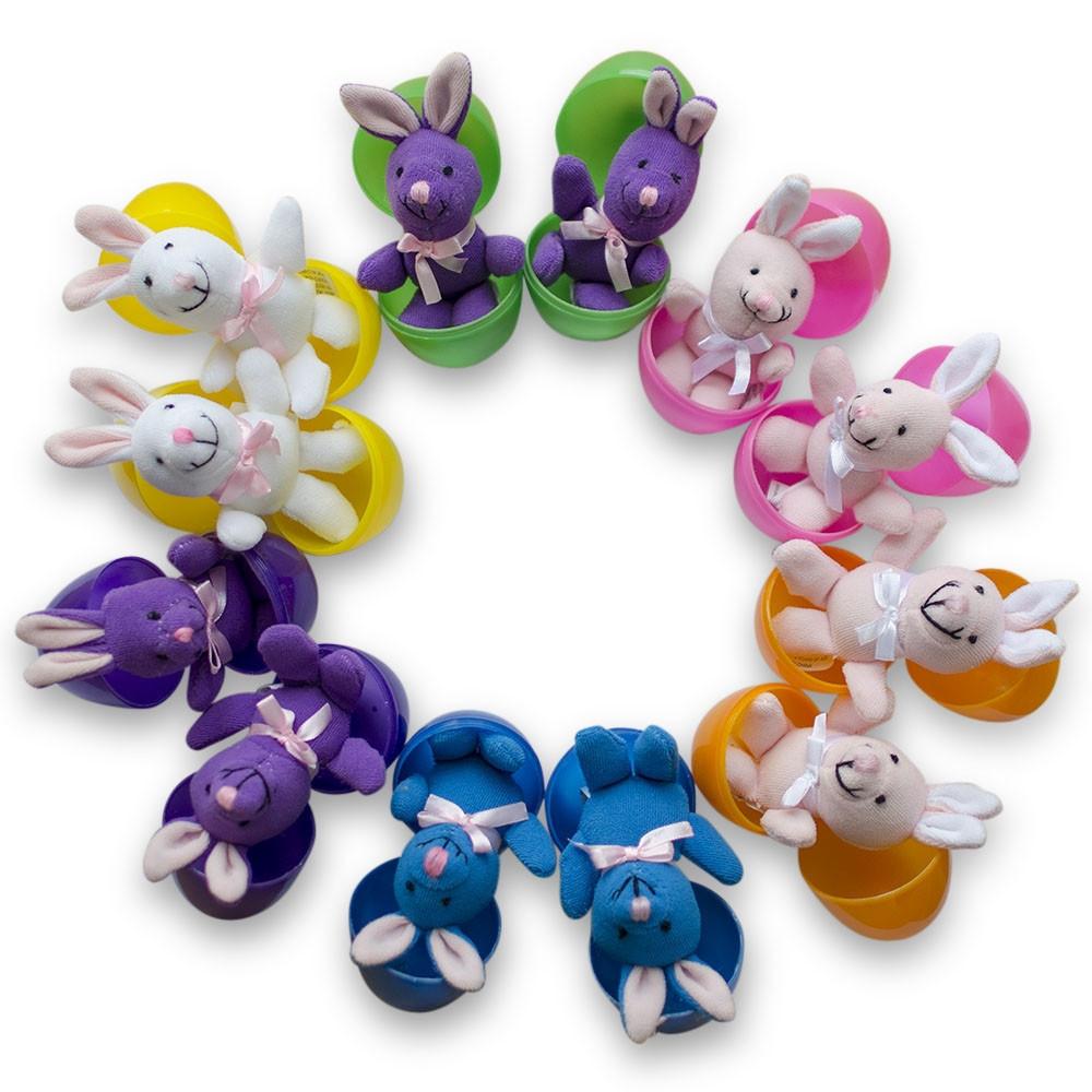 Plastic Set of 12 Plush Toy Bunnies in Plastic Eggs in Multi color Oval