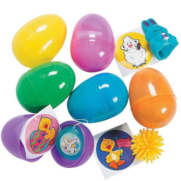 Set if 24 Bright Plastic Easter Egg with Toys 2.25 Inches in Multi color, Oval shape