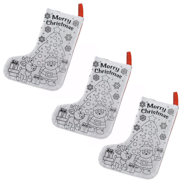 Set of 3 Paint Your Own Santa and Reindeer Christmas Stocking in White color,  shape