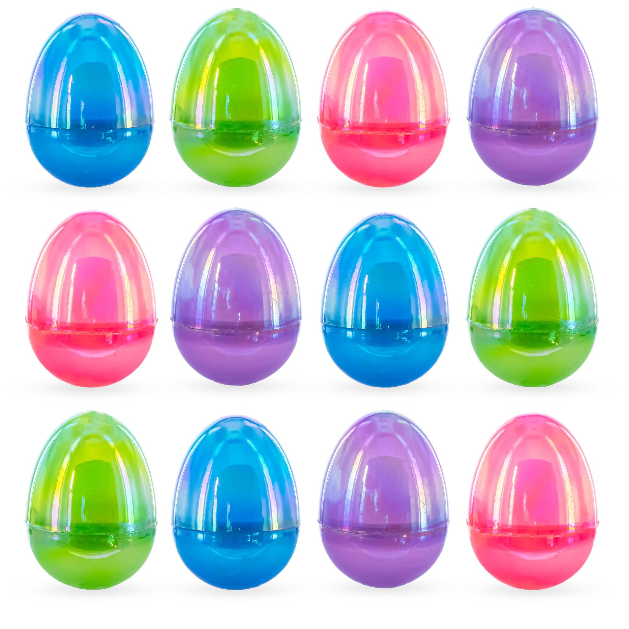 Set of 12 Iridescent Multicolored Plastic Easter EggsChina , dimensions in inches: 3 x 2.25 x 2
