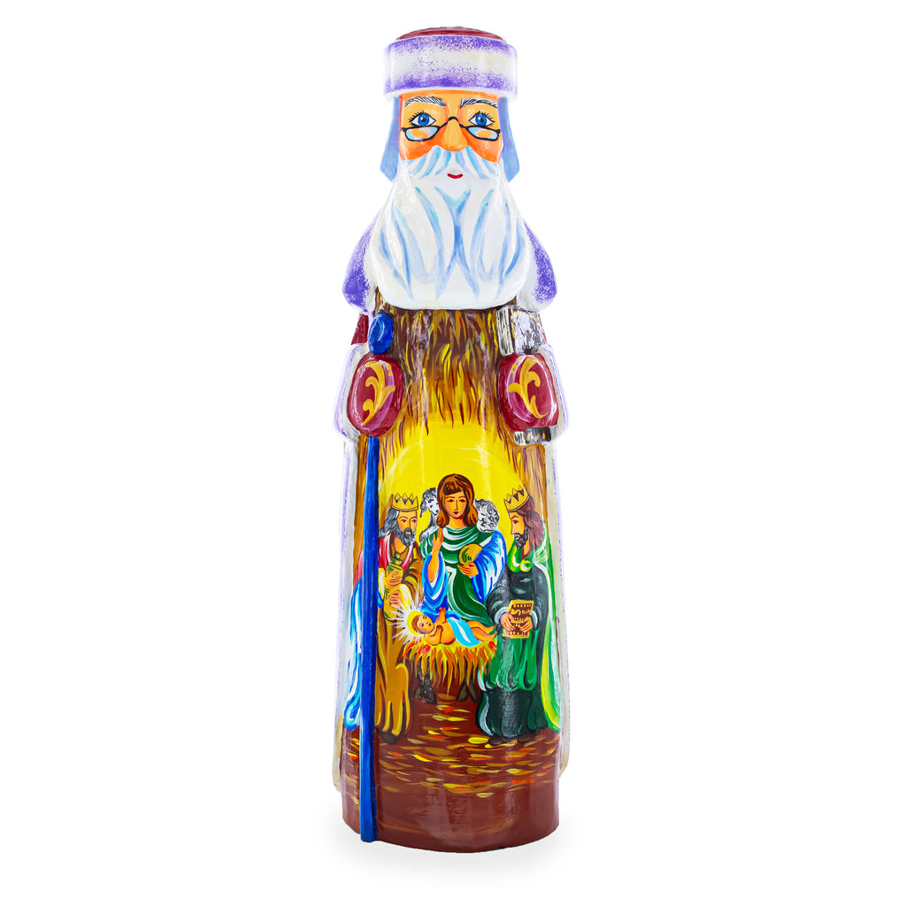 Wood Santa over Nativity Scene Ukrainian Hand Carved Solid Wood Figurine 11 Inches in Multi color