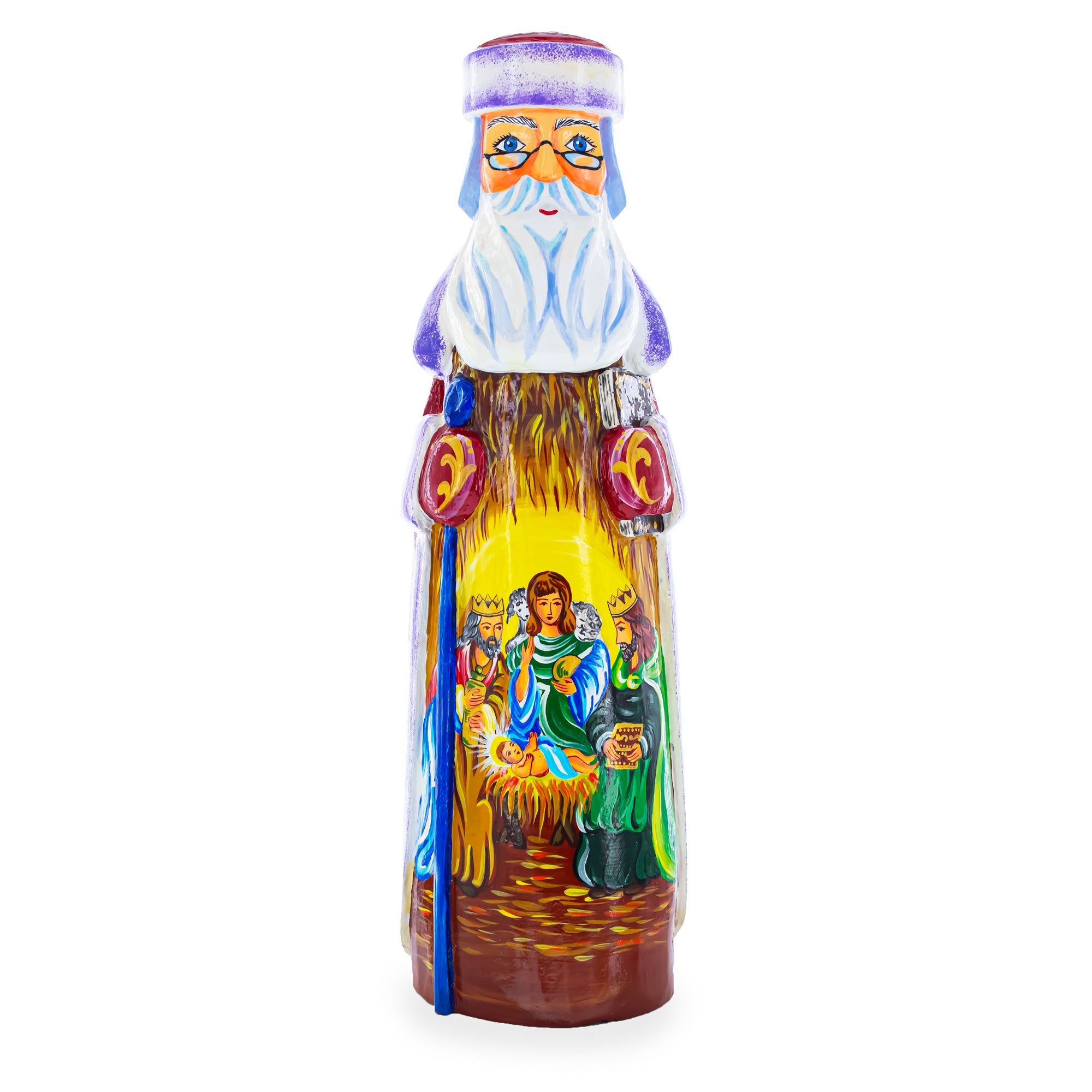 Santa over Nativity Scene Ukrainian Hand Carved Solid Wood Figurine 11 Inches in Multi color
