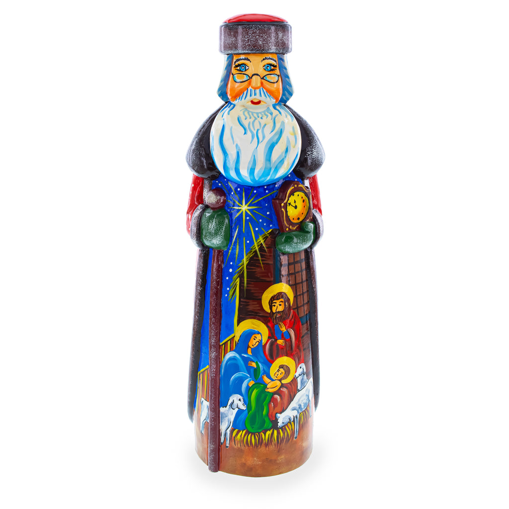 Wood Nativity Scene Hand Carved Ukrainian Solid Wood Santa Figurine 11 Inches in Multi color