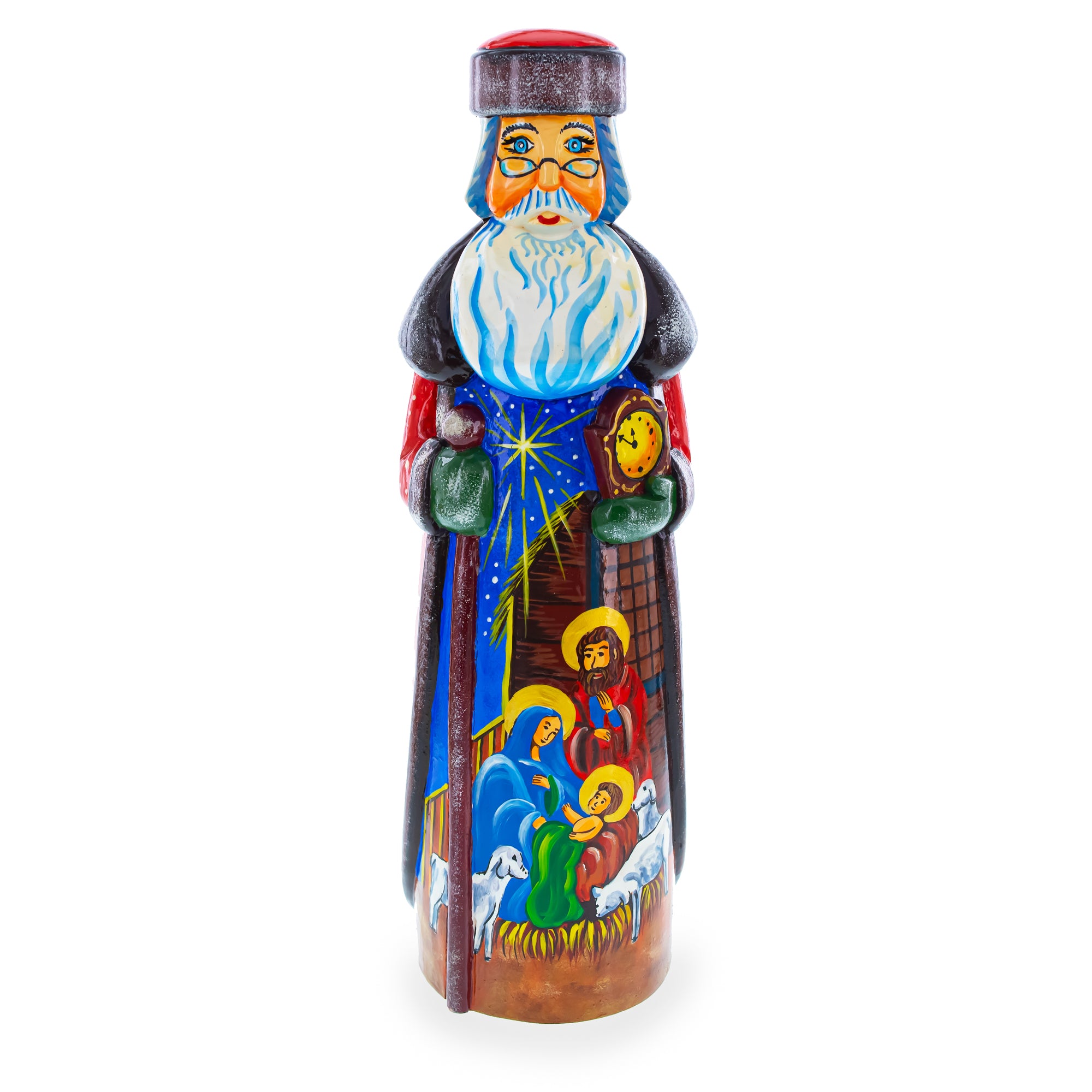 Nativity Scene Hand Carved Ukrainian Solid Wood Santa Figurine 11 Inches in Multi color