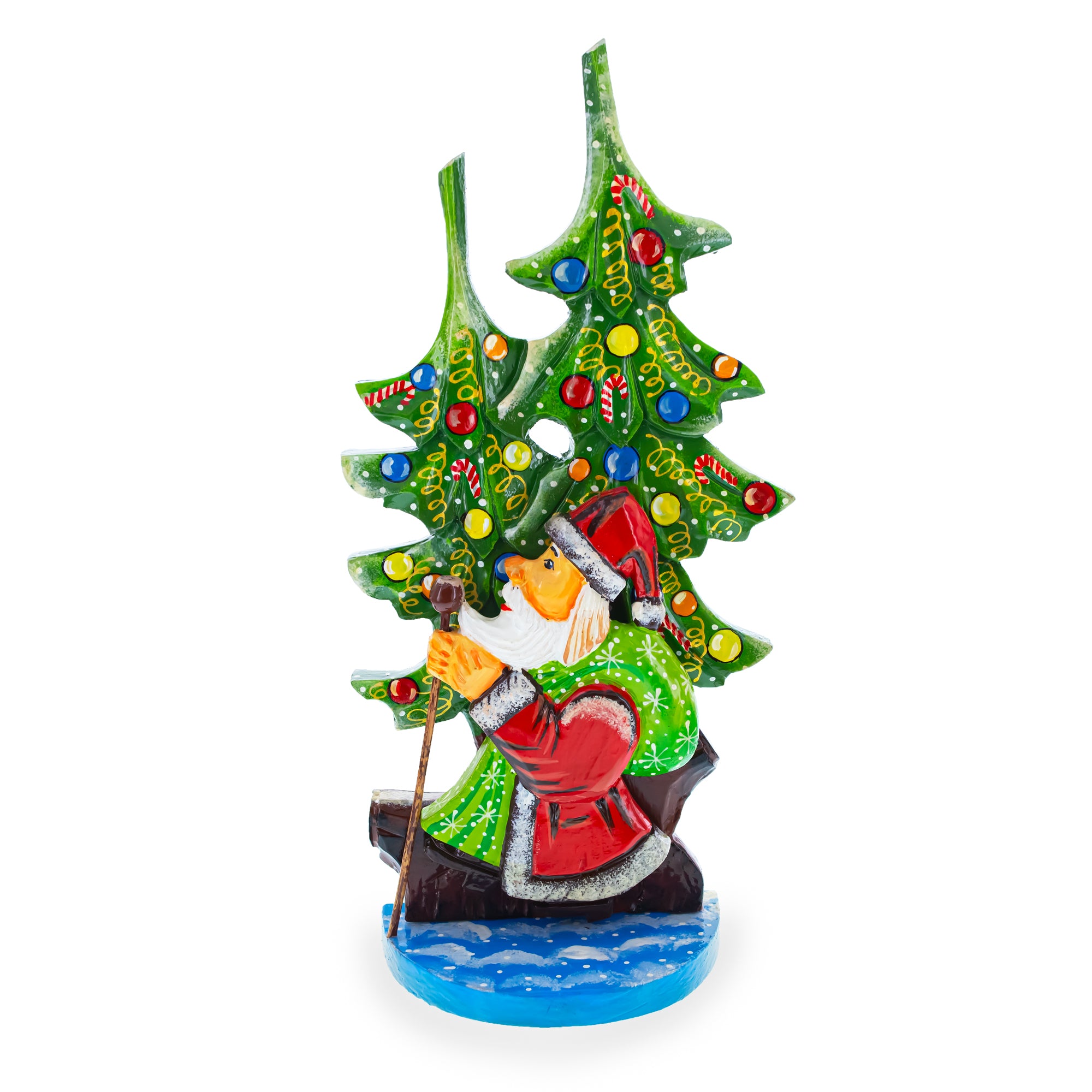 Did Moroz (Santa) and Christmas Tree Hand Carved Ukrainian Wooden Figurine 12.25 Inches in Multi color