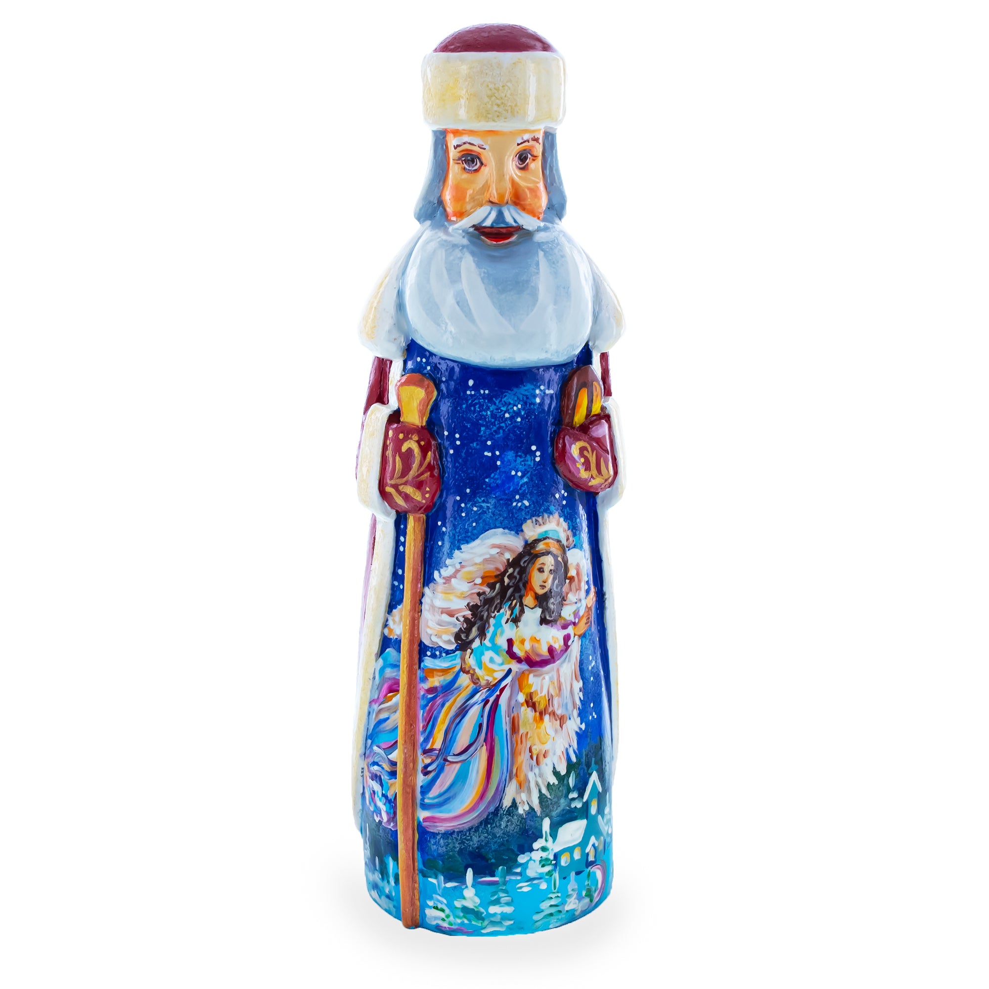 Angels in The Night Hand Carved Wooden Santa 7.25 Inches in Multi color