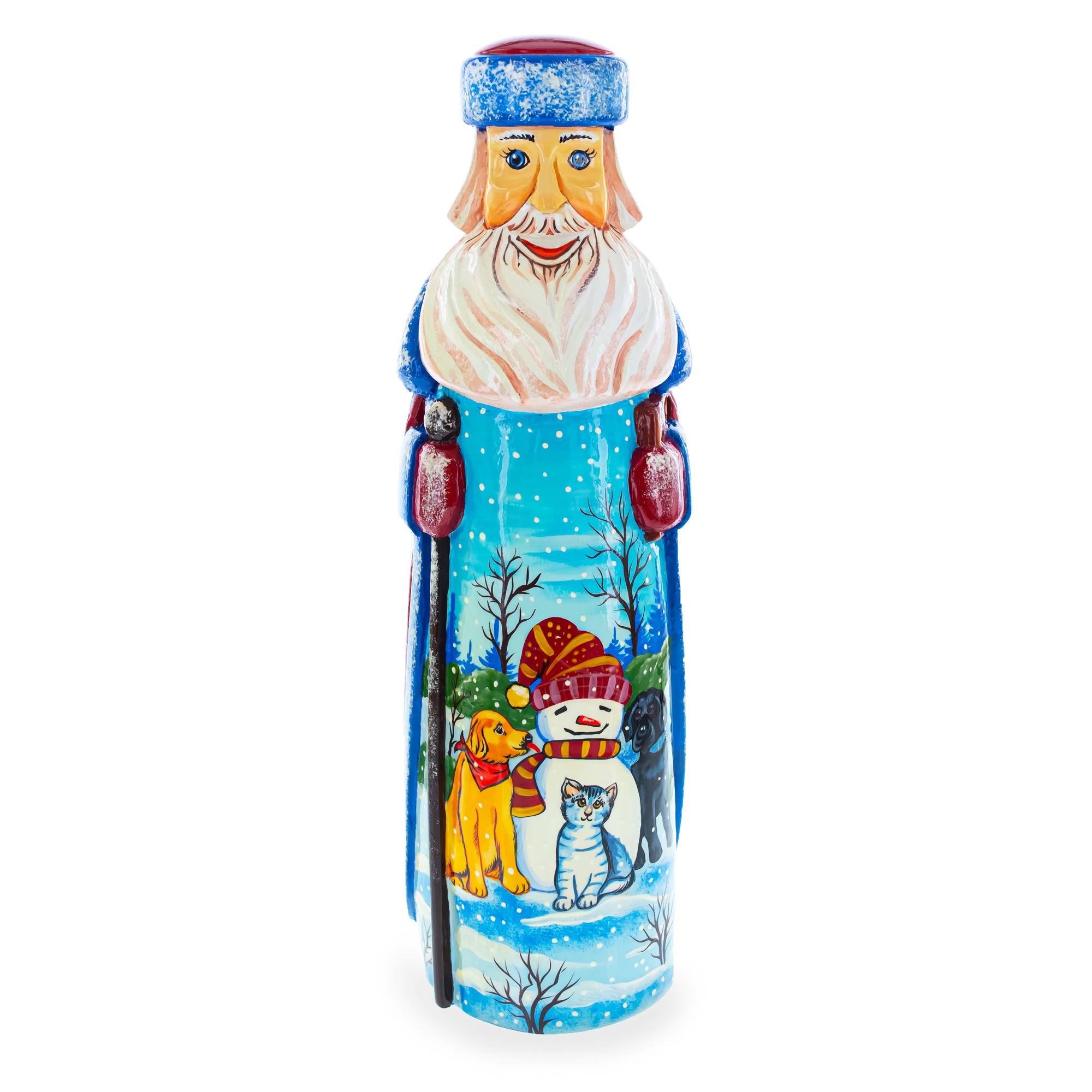 Snowman with Dog & Cat Friends Hand Carved Solid Wood Santa Figurine 11 Inches in Multi color