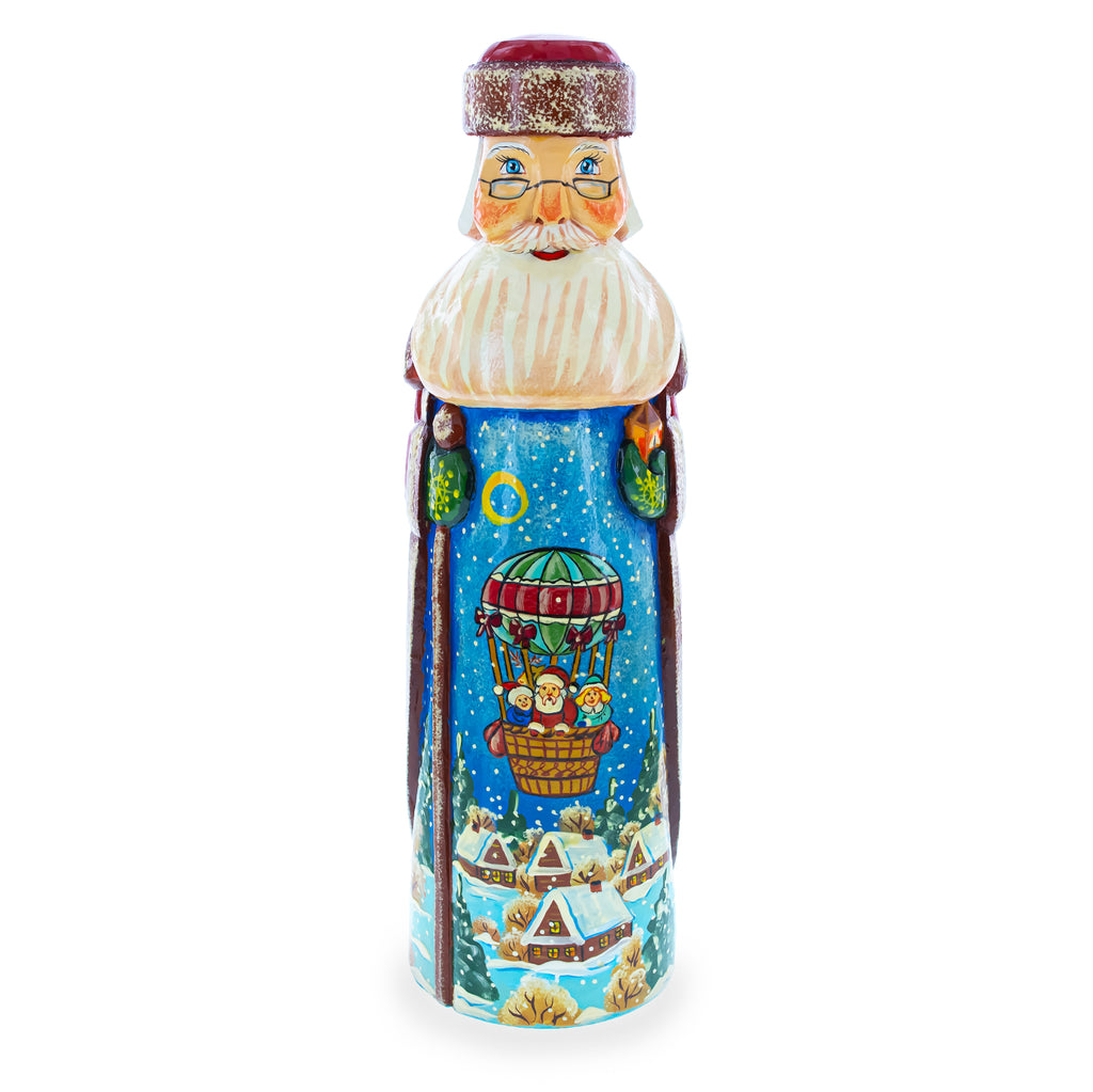 Riding on Air Balloon Hand Carved Solid Wood Santa Figurine 11 Inches in Multi color