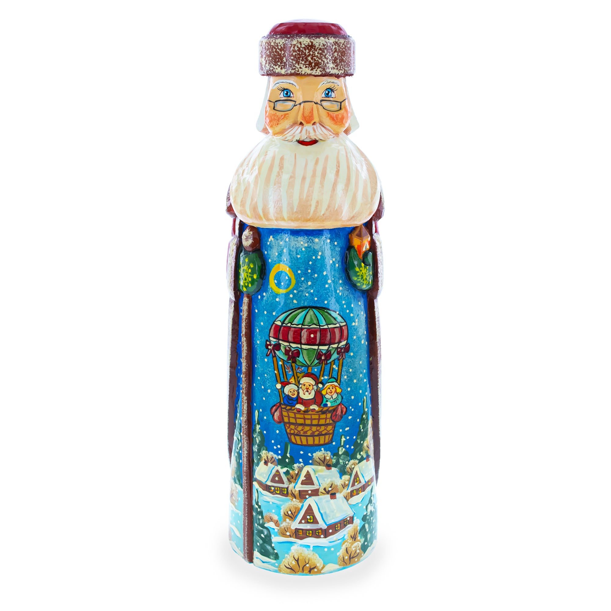 Riding on Air Balloon Hand Carved Solid Wood Santa Figurine 11 Inches in Multi color