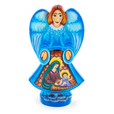 Wood Angel over Nativity Scene Ukrainian Hand Carved Solid Wood Figurine 10 Inches in Multi color