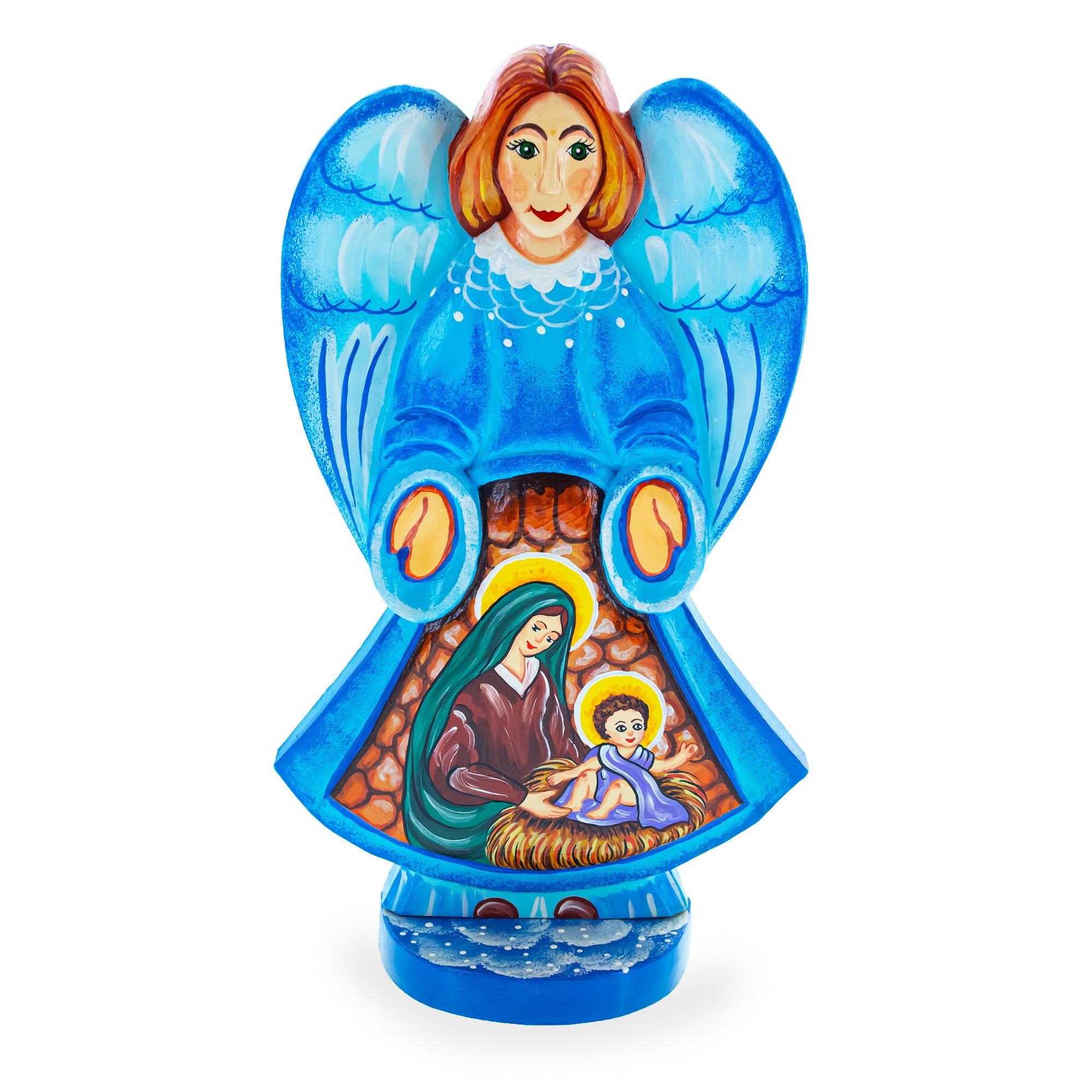 Angel over Nativity Scene Ukrainian Hand Carved Solid Wood Figurine 10 Inches in Multi color