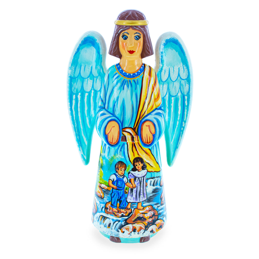 Guardian Angel & Children Ukrainian Hand Carved Solid Wood Figurine 10 Inches in Multi color