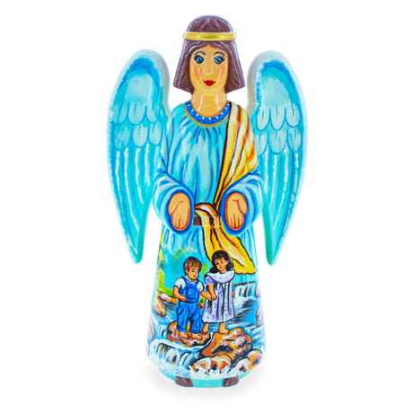 Wood Guardian Angel & Children Ukrainian Hand Carved Solid Wood Figurine 10 Inches in Multi color