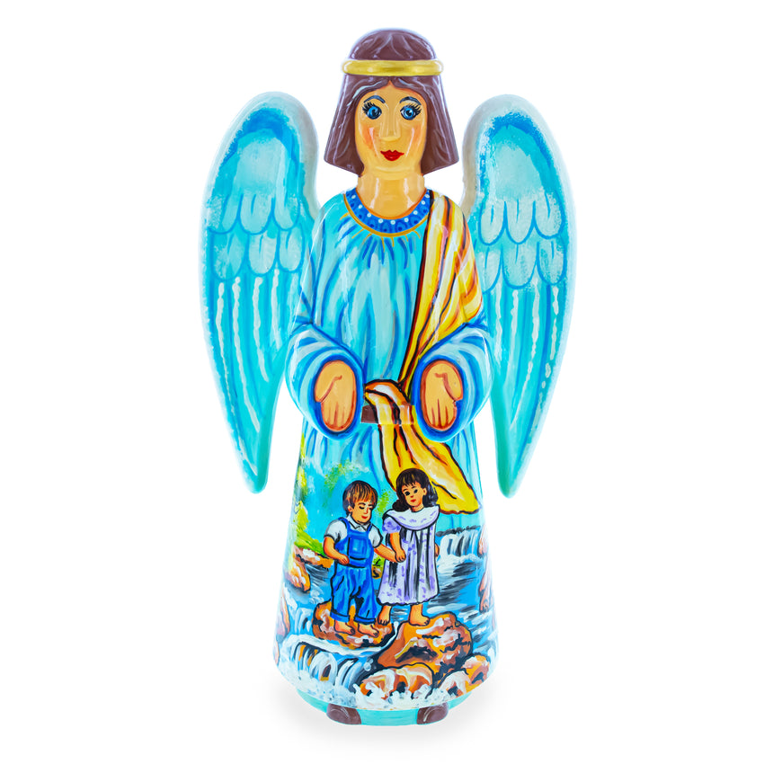 Guardian Angel & Children Ukrainian Hand Carved Solid Wood Figurine 10 Inches in Multi color