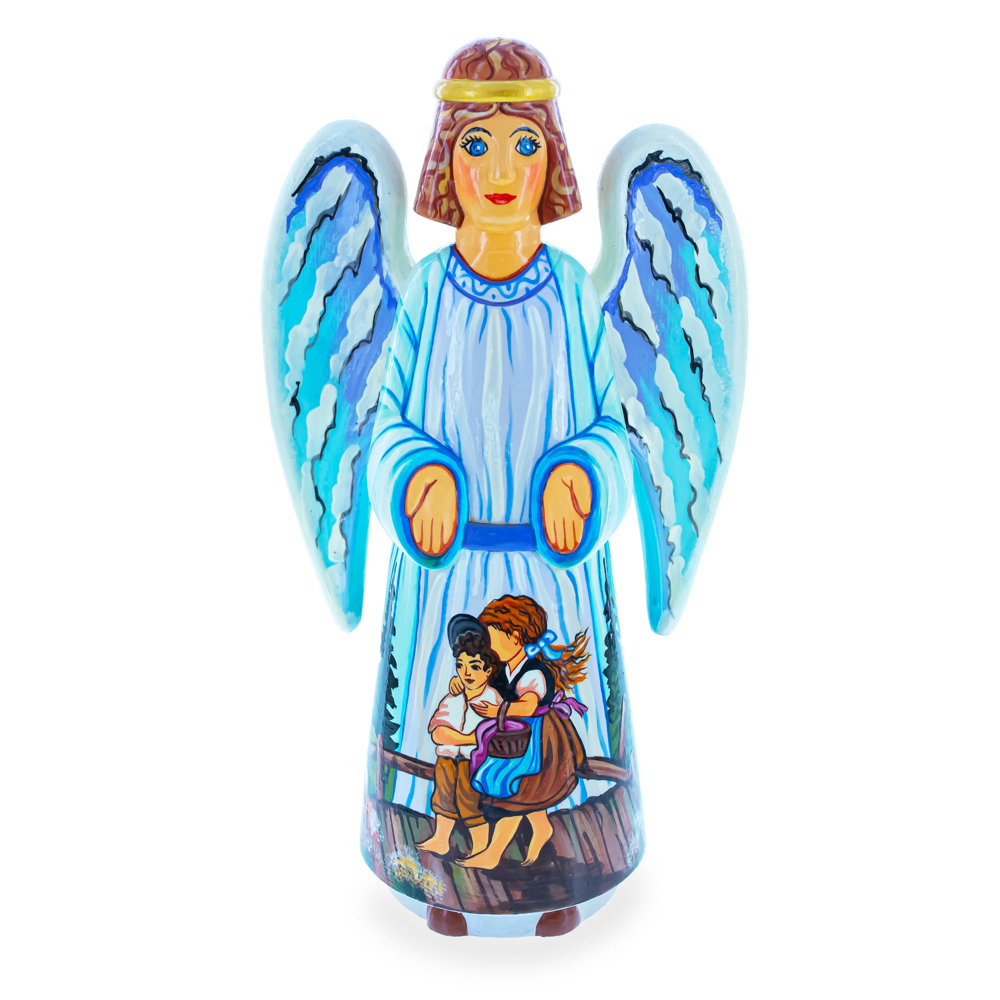Children Guardian Angel Hand Carved Solid Wood Figurine 10 Inches in Multi color