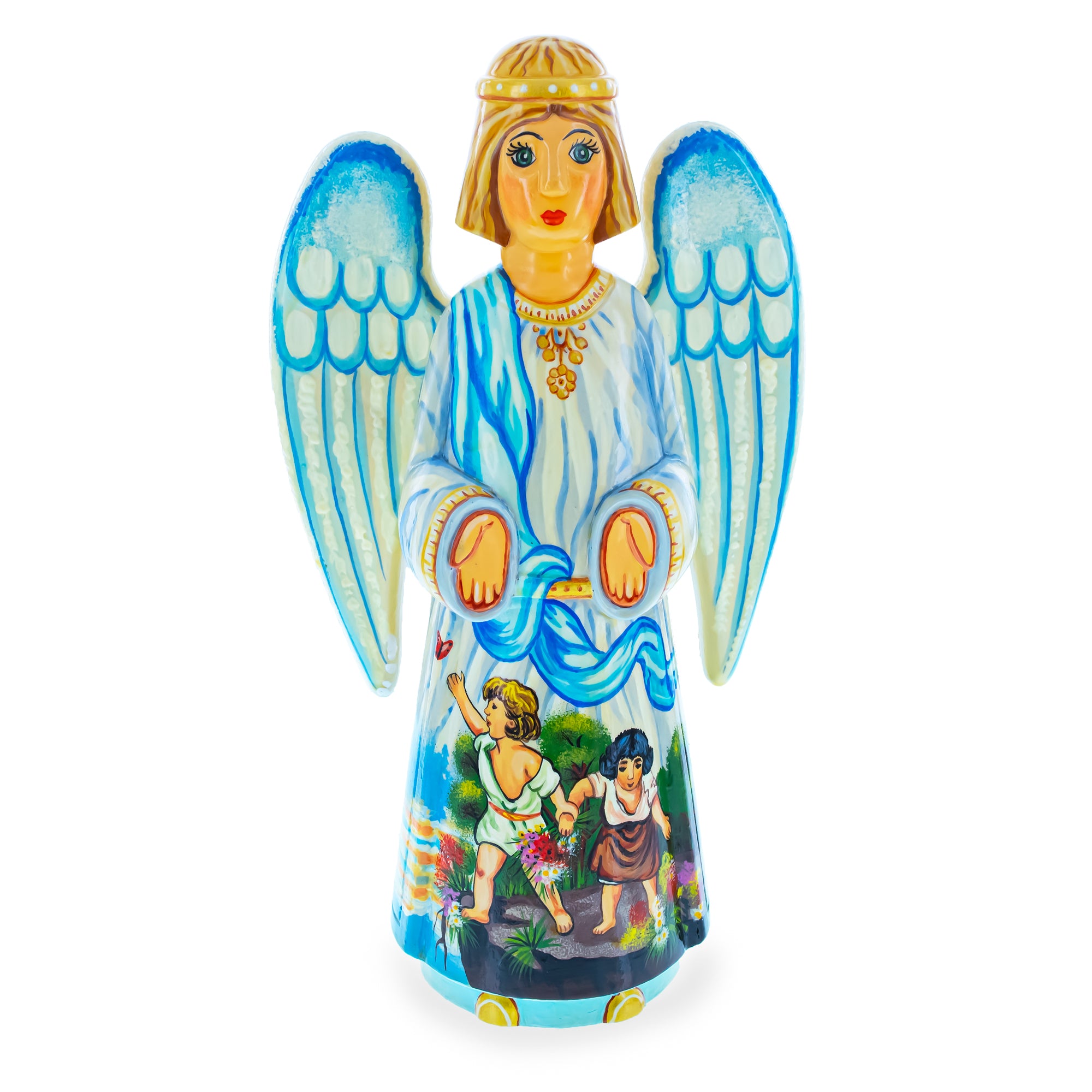 Guardian Angel over Children Ukrainian Hand Carved Solid Wood Figurine 10 Inches in Multi color