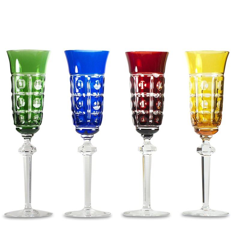 Set of 4 Multicolored Crystal Champagne Glasses by Arnstadt Germany in Multi color,  shape