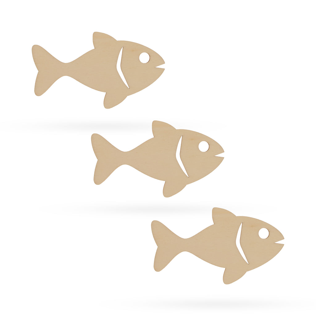 3 Fishes Unfinished Wooden Shapes Craft Cutouts DIY Unpainted 3D Plaques 4 Inches in Beige color