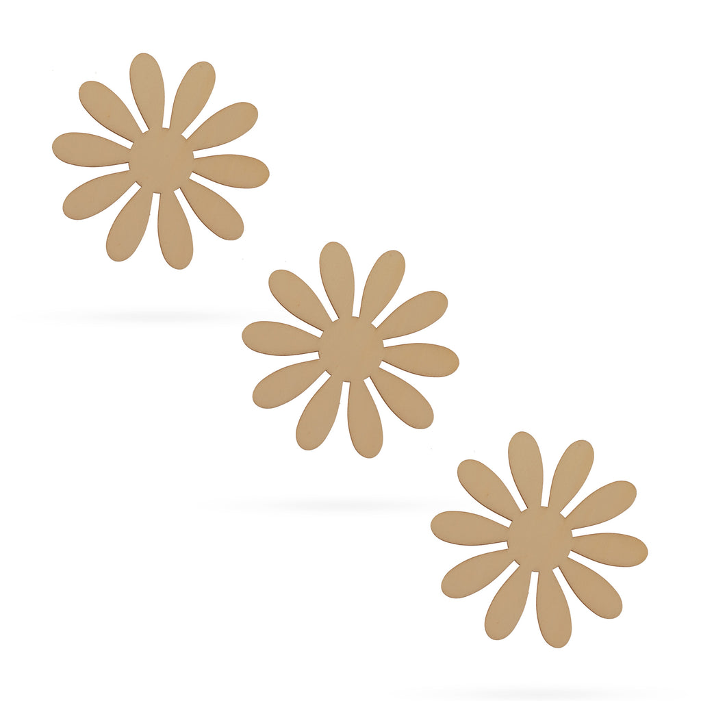 Wood 3 Flowers Unfinished Wooden Shapes Craft Cutouts DIY Unpainted 3D Plaques 4 Inches in Beige color